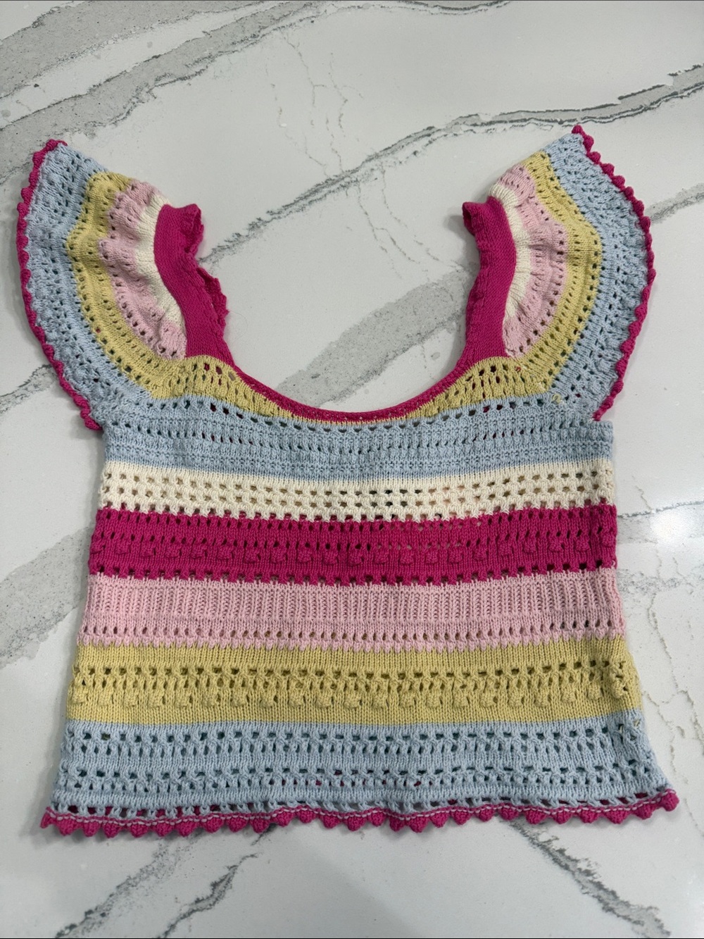 Sincerely Jules Pastel Crocheted Sweater - Blue, Pink & Yellow Trim
